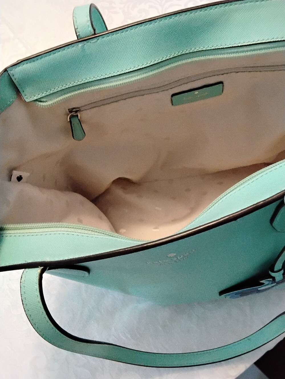 KATE SPADE NY DANA Aqua Bloom Pebbled Leather Tote with Leather Floral Charm - Picture 5 of 9